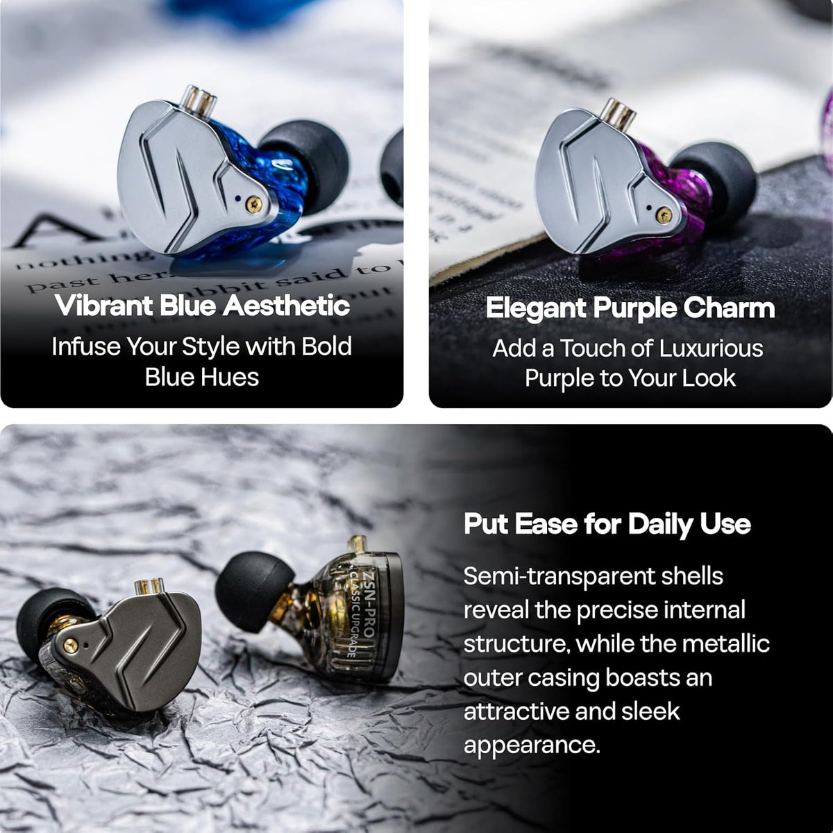 KZ ZSN Pro Dual Driver 1BA+1DD Hybrid Metal Earphones Hifi In-Ear Monitor with Detachable Recessed 2Pin Cable, Zin Alloy Panel (Without Mic, Black)